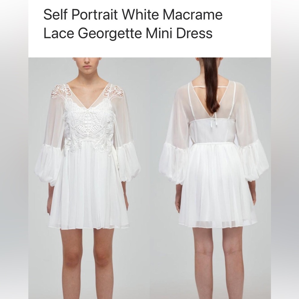 Self Portrait Macrame Georgette White Mini Dress, Size UK8 US4